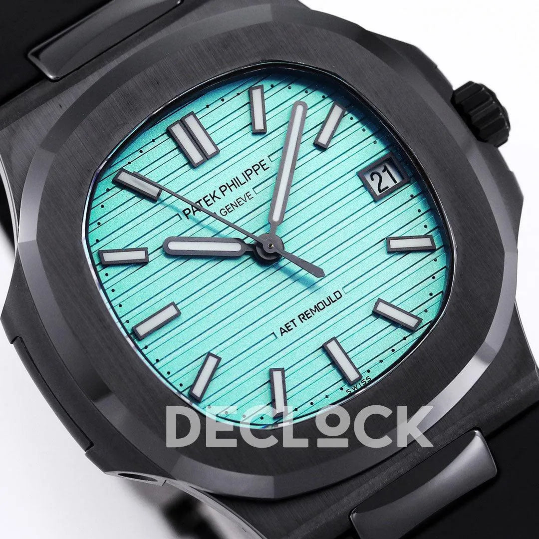 AET Nautilus 5711 Black Ceramic AMGF Tiffany Blue Dial on Black Rubber Strap