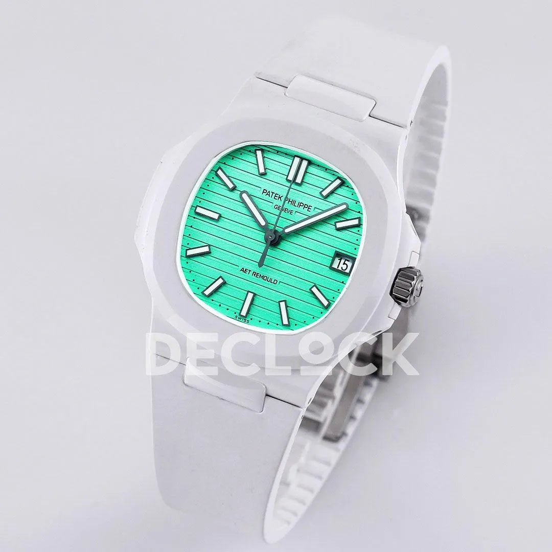 AET Nautilus 5711 White Ceramic AMGF Tiffany Blue Dial on White Rubber Strap