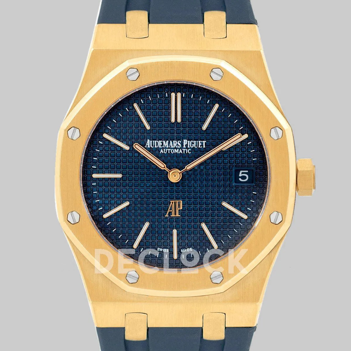 Replica Audemars Pigeut Royal Oak 15202 Gold Blue Dial on Blue Rubber Strap - Replica Watches