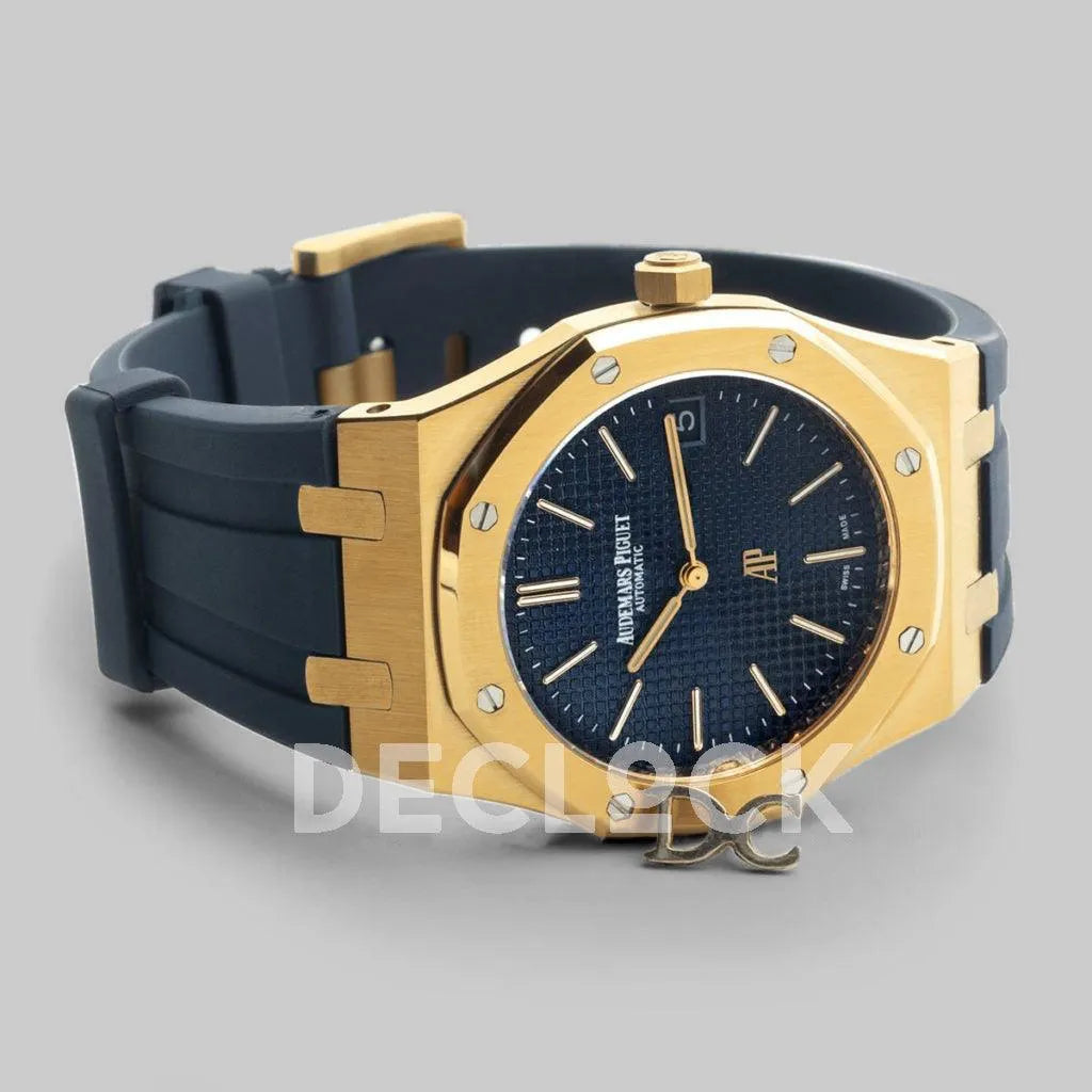 Replica Audemars Pigeut Royal Oak 15202 Gold Blue Dial on Blue Rubber Strap - Replica Watches