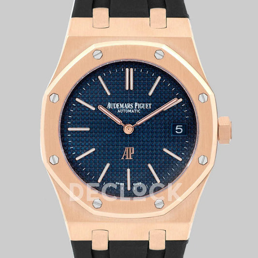 Replica Audemars Pigeut Royal Oak 15202 Rose Gold Blue Dial on Black Rubber Strap - Replica Watches