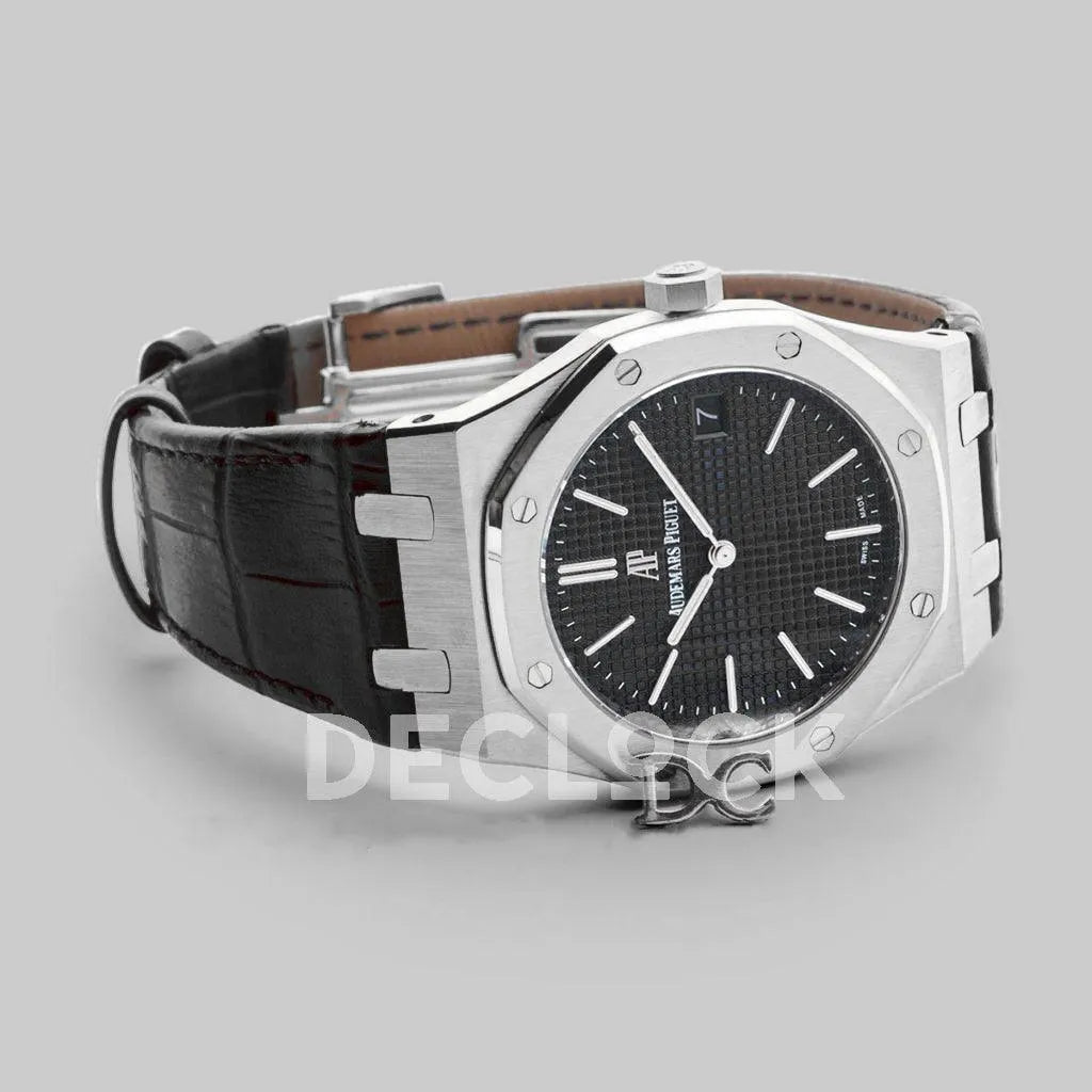 Replica Audemars Pigeut Royal Oak 15202 Steel Black Dial on Black Leather Strap - Replica Watches