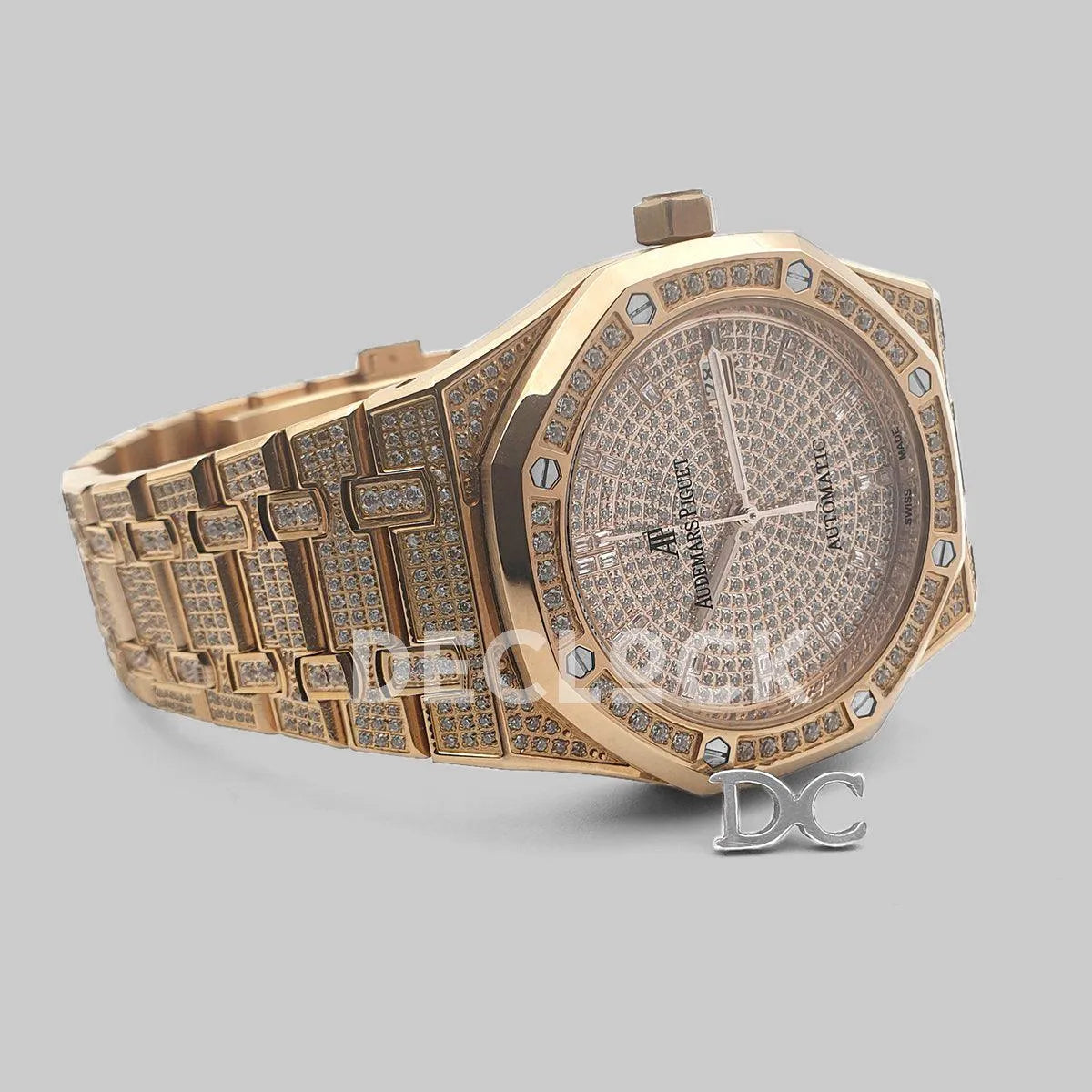 Replica Audemars Pigeut Royal Oak 41mm 15402OR Full Diamond Paved In Pink Gold on Bracelet - Replica Watches