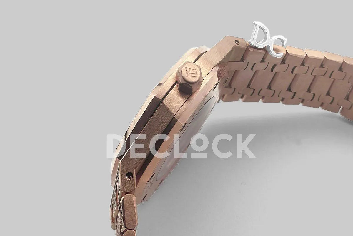 Replica Audemars Pigeut Royal Oak 41mm 15402OR Full Diamond Paved In Pink Gold on Bracelet - Replica Watches