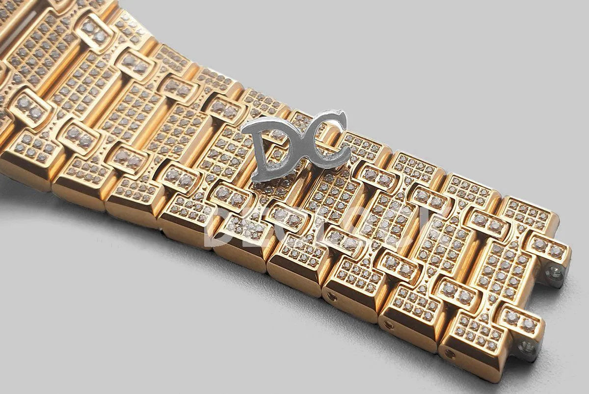 Replica Audemars Pigeut Royal Oak 41mm 15402OR Full Diamond Paved In Pink Gold on Bracelet - Replica Watches