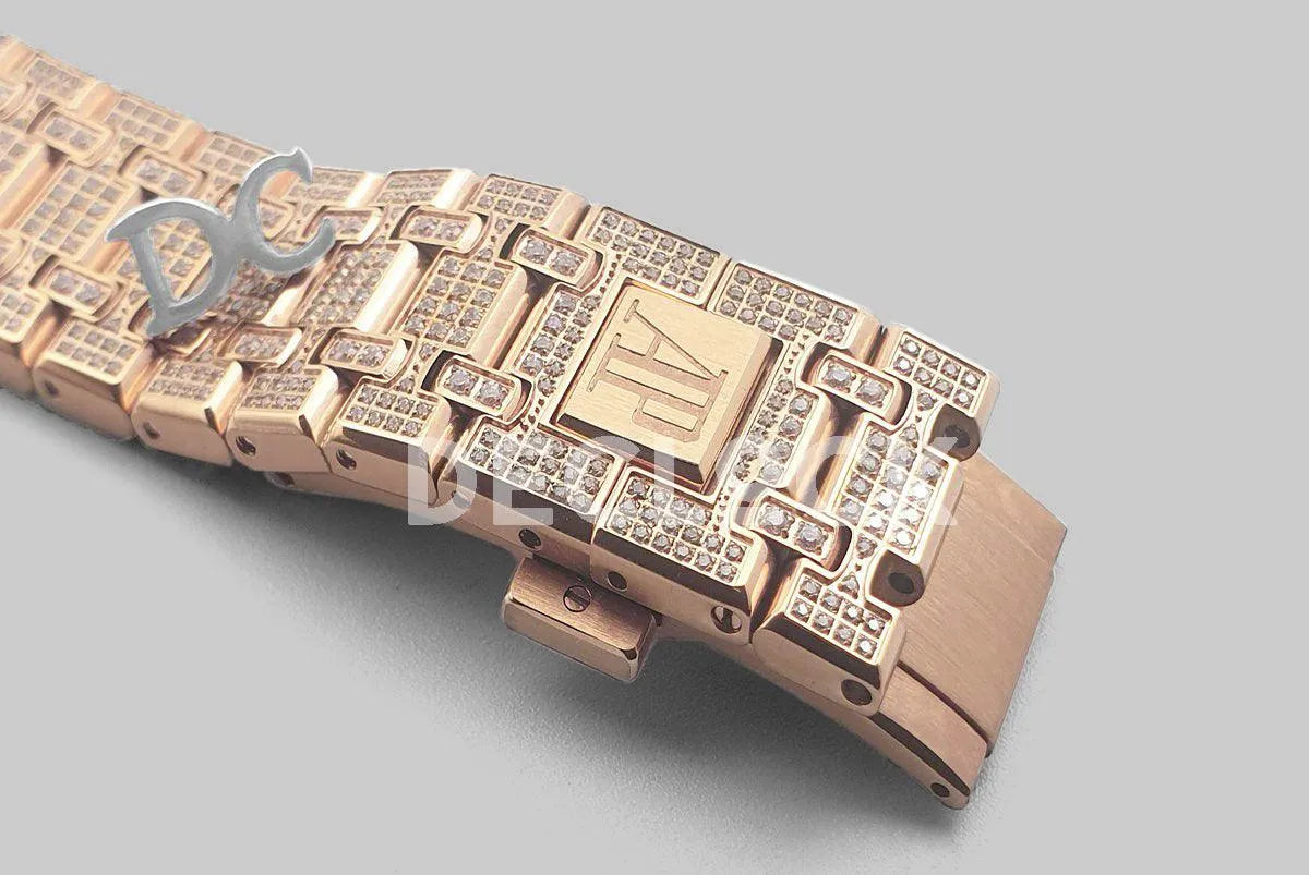 Replica Audemars Pigeut Royal Oak 41mm 15402OR Full Diamond Paved In Pink Gold on Bracelet - Replica Watches