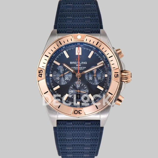 Replica Breitling Chronomat B01 Rose Gold/Steel in Blue Dial on Blue Rubber Strap - Replica Watches