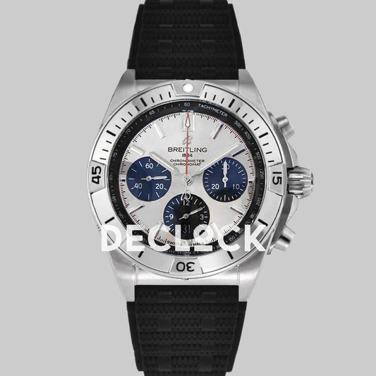 Replica Breitling Chronomat B01 Steel in SIlver Dial on Black Rubber Strap - Replica Watches