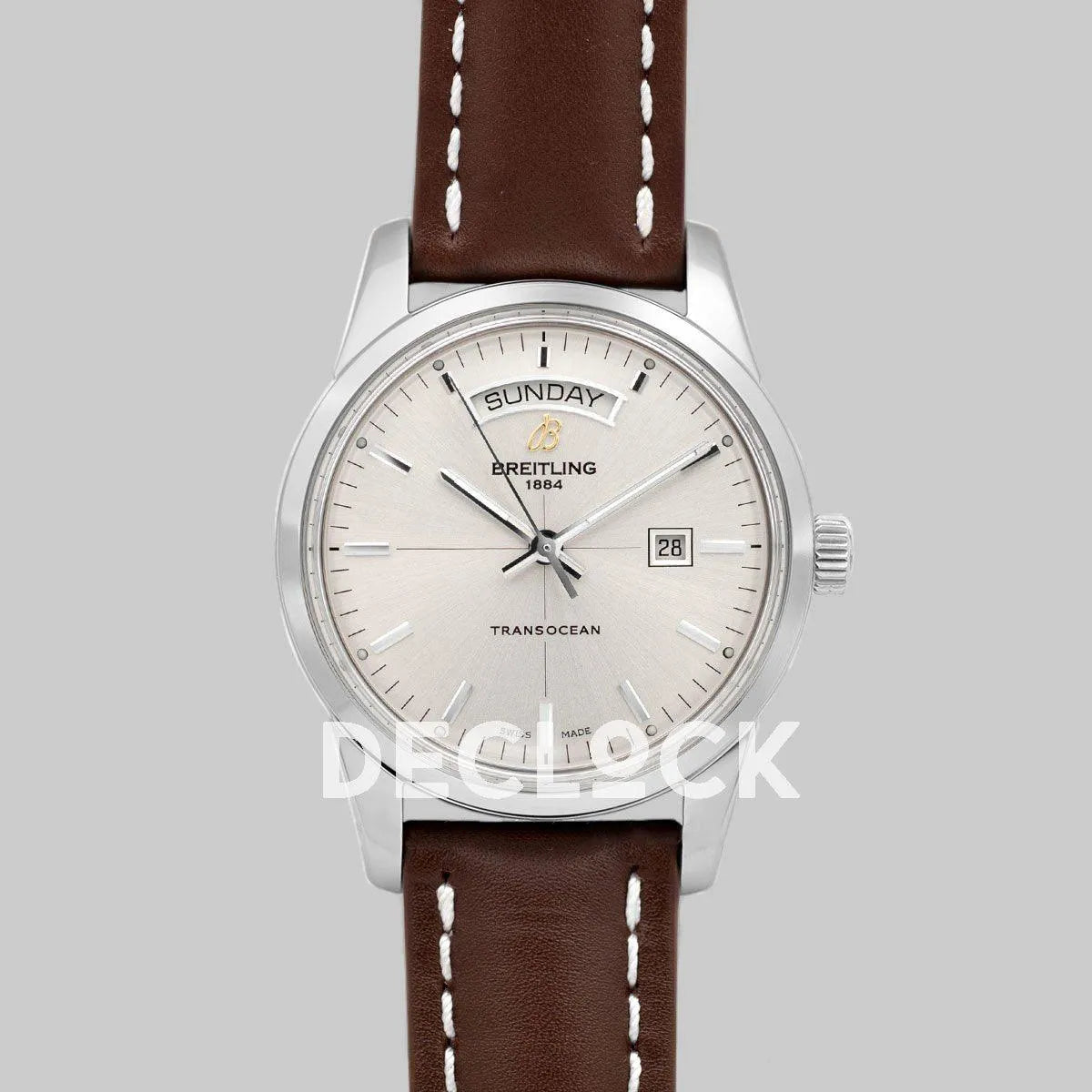 Replica Breitling Transoccean Day & Date Silver Dial in Steel on Leather Strap - Replica Watches