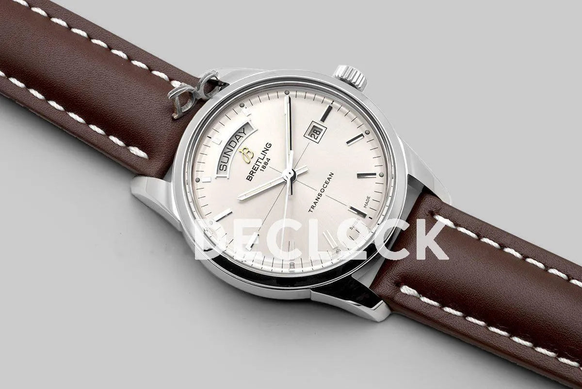 Replica Breitling Transoccean Day & Date Silver Dial in Steel on Leather Strap - Replica Watches