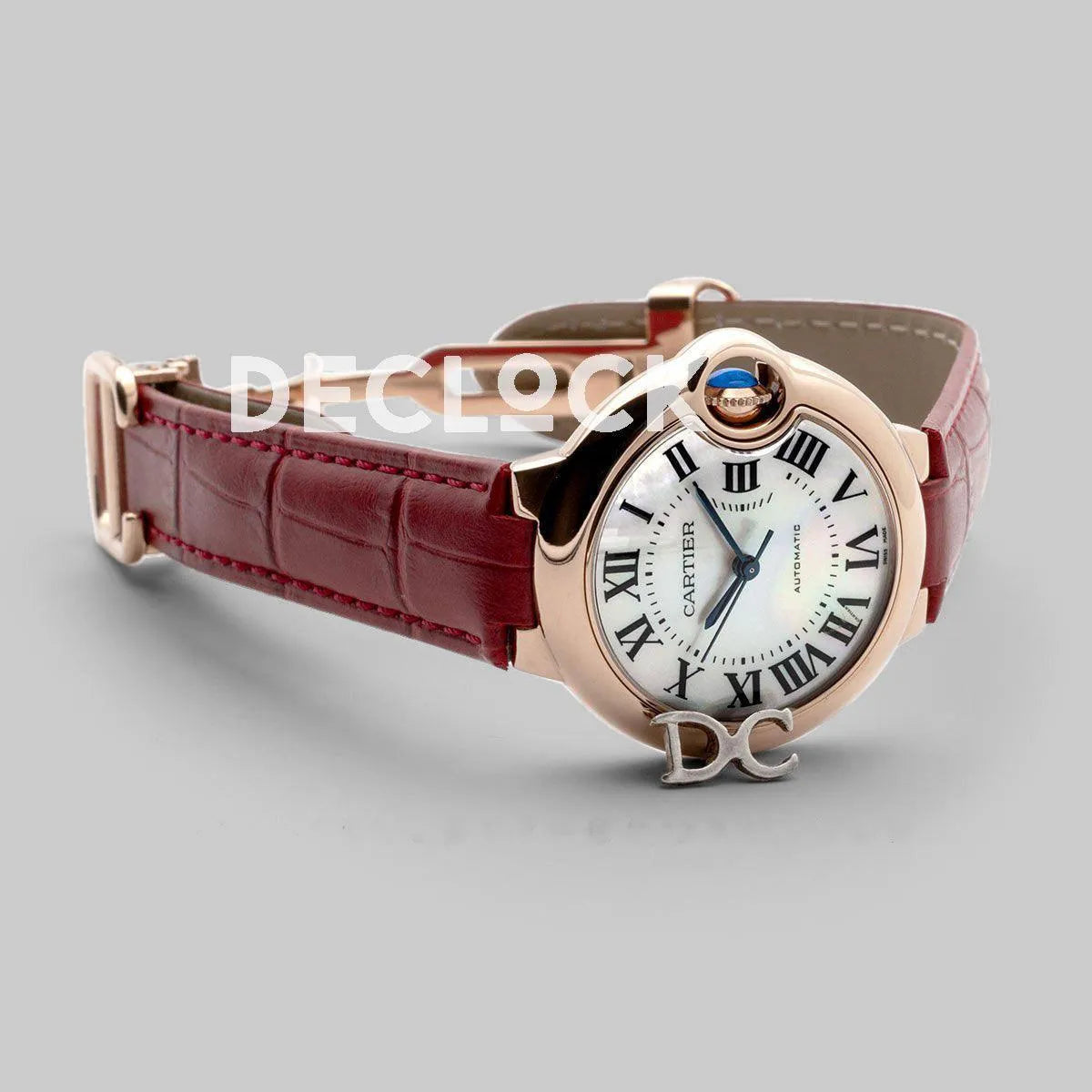 Replica Cartier Ballon Bleu De Cartier 36mm White Dial with Roman Numeral Markers in Rose Gold on Red Leather Strap - Replica Watches