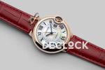 Replica Cartier Ballon Bleu De Cartier 36mm White Dial with Roman Numeral Markers in Rose Gold on Red Leather Strap - Replica Watches