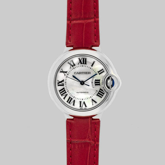 Replica Cartier Ballon Bleu De Cartier 36mm White Dial with Roman Numeral Markers in White Gold on Red Leather Strap - Replica Watches