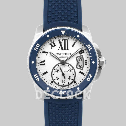 Replica Cartier Calibre de Cartier Diver White Dial in Steel on Blue Bezel - Replica Watches