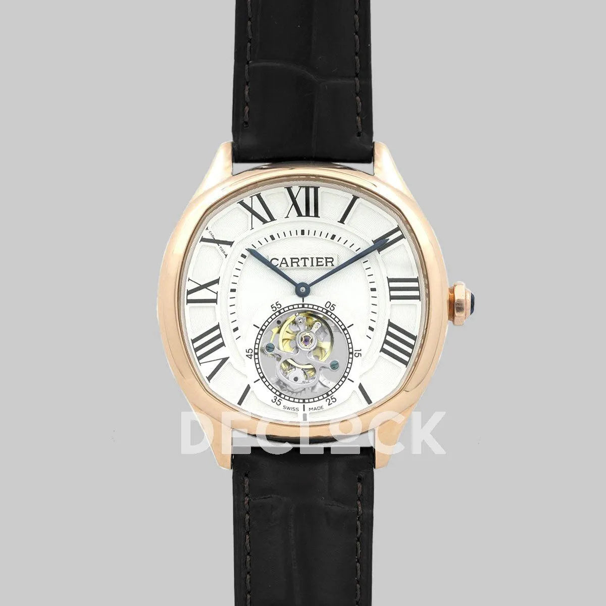 Replica Cartier Drive de Cartier Tourbillon White Dial in Rose Gold on Black Leather Strap - Replica Watches