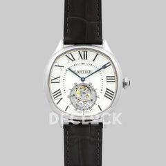 Replica Cartier Drive de Cartier Tourbillon White Dial in Steel on Black Leather Strap - Replica Watches