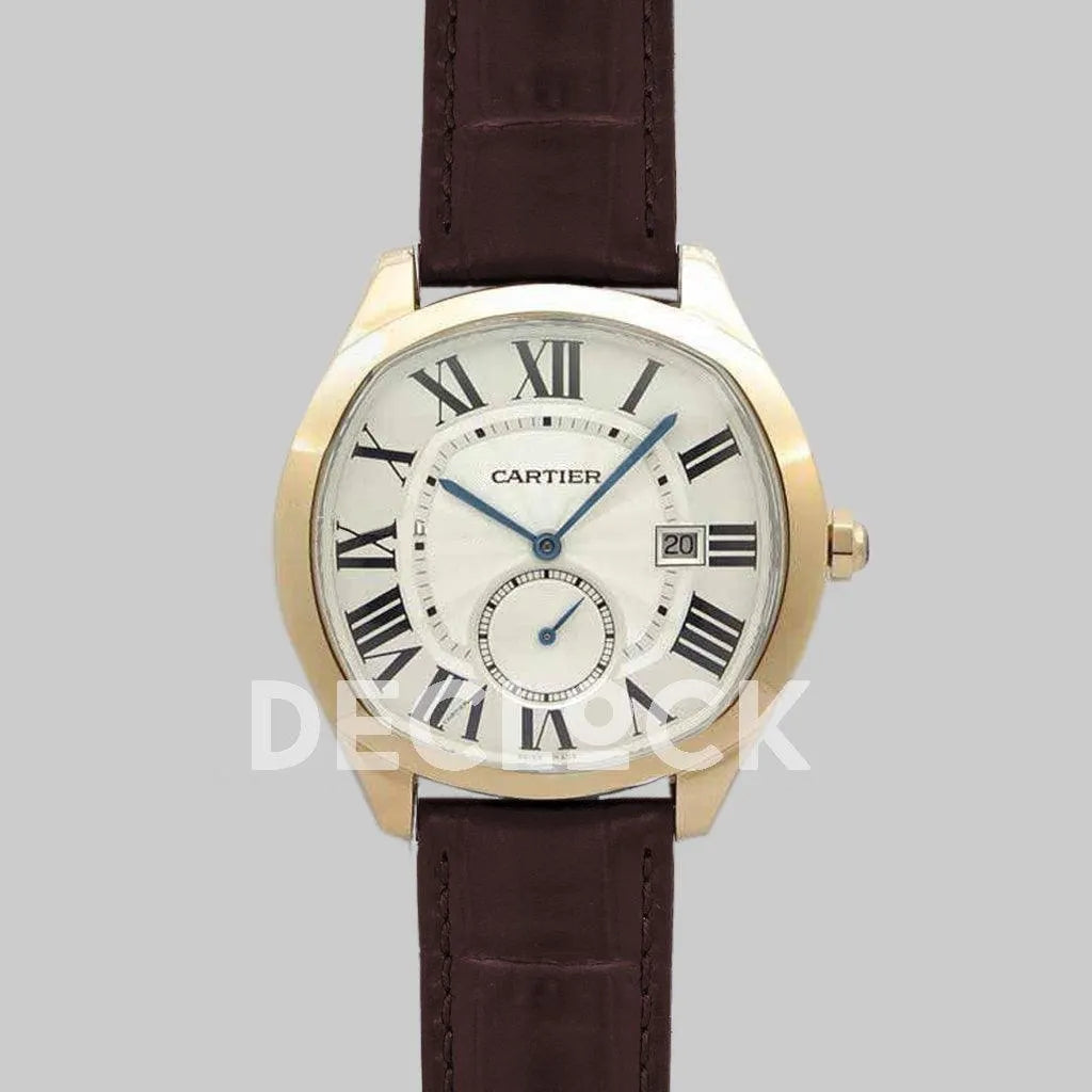 Replica Cartier Drive de Cartier White Dial in Rose Gold on Brown Leather Strap - Replica Watches