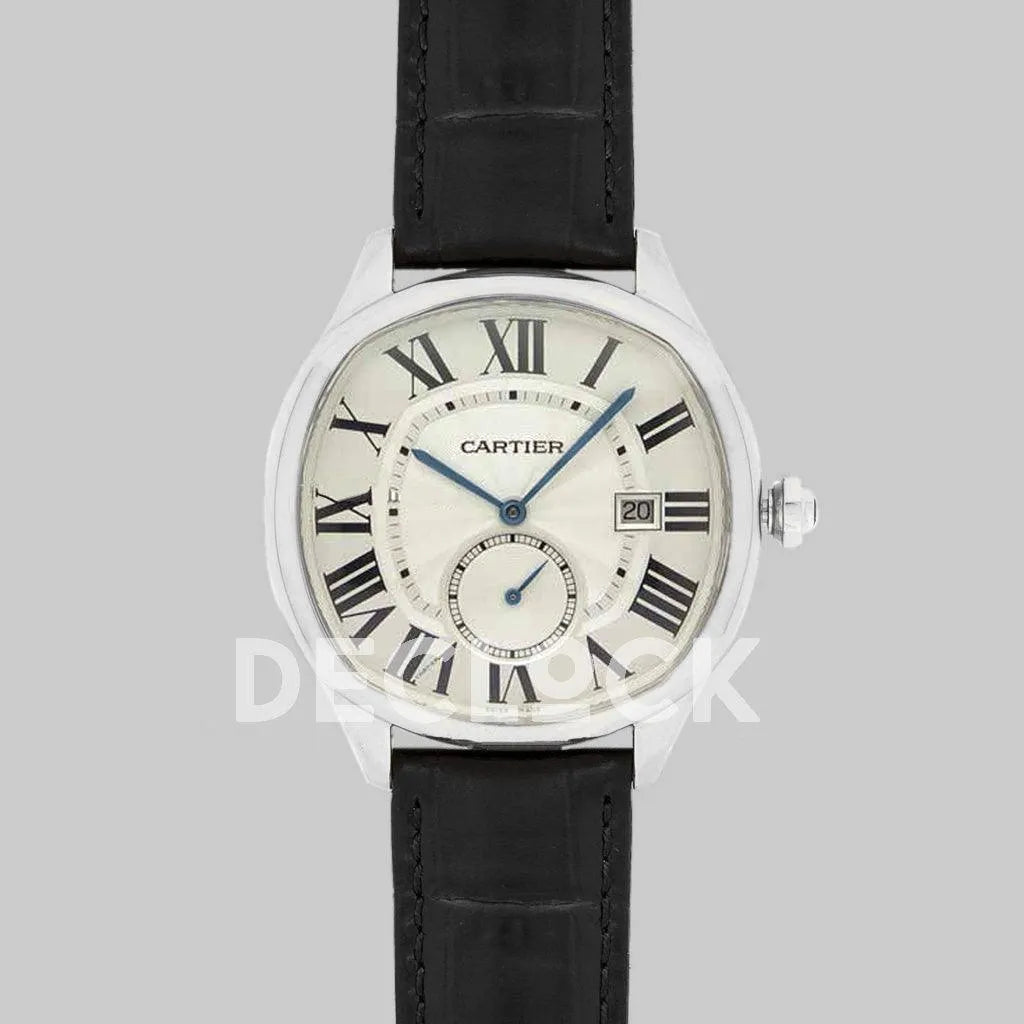 Replica Cartier Drive de Cartier White Dial in Steel on Black Leather Strap - Replica Watches