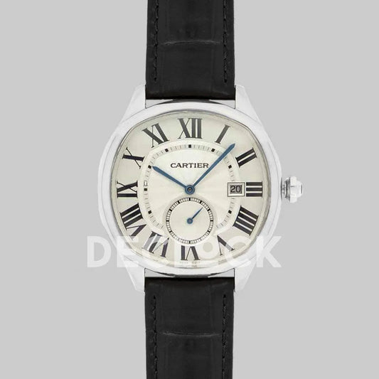 Replica Cartier Drive de Cartier White Dial in Steel on Black Leather Strap - Replica Watches