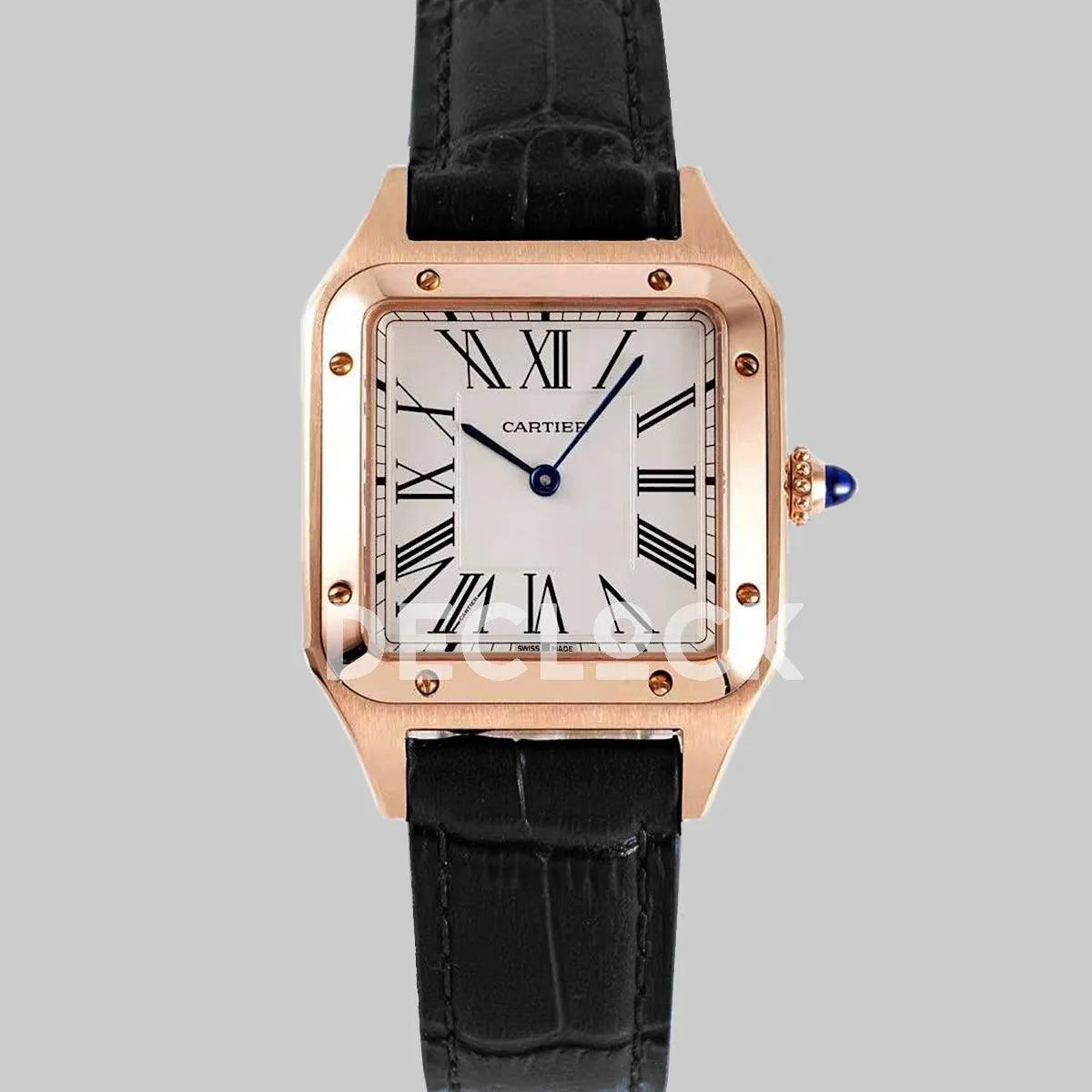 Replica Cartier Santos-Dumont White Dial in Rose Gold on Black Leather Strap - Replica Watches