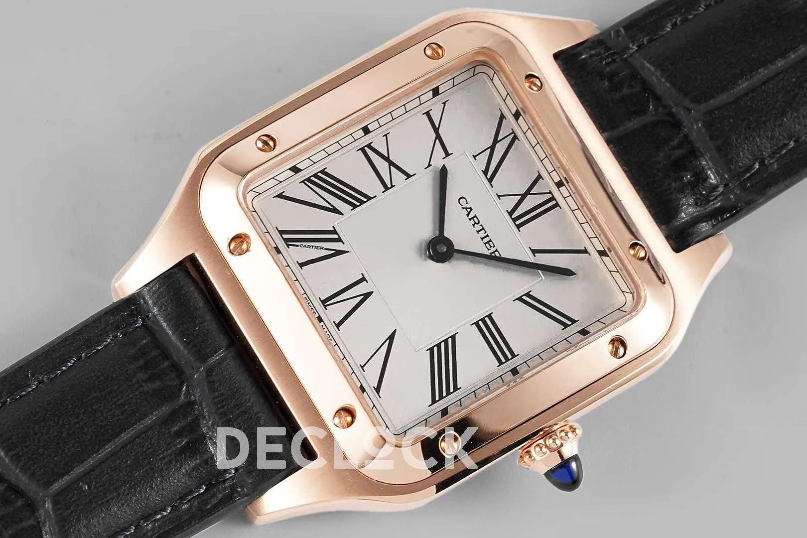 Replica Cartier Santos-Dumont White Dial in Rose Gold on Black Leather Strap - Replica Watches