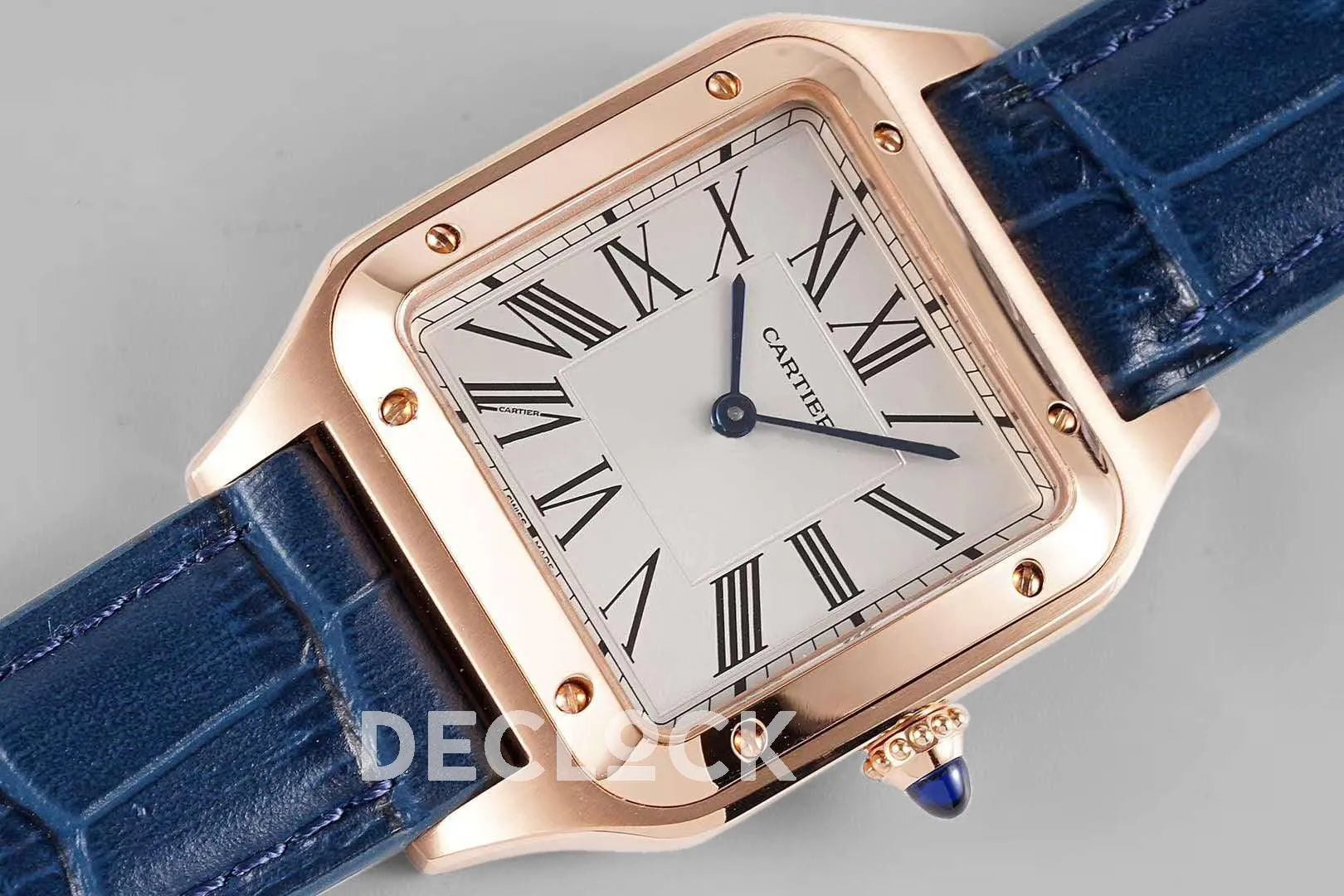 Replica Cartier Santos-Dumont White Dial in Rose Gold on Blue Leather Strap - Replica Watches