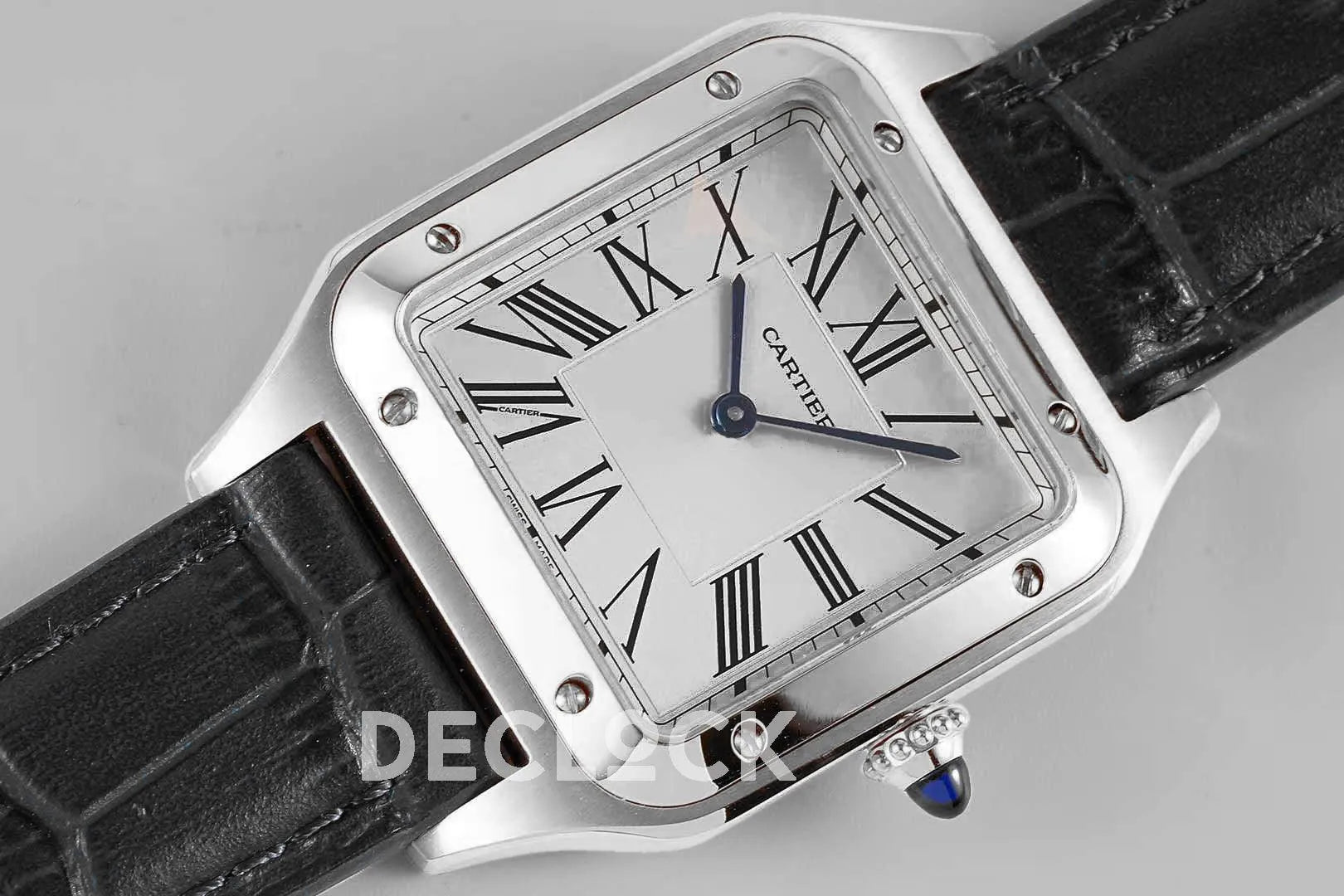 Replica Cartier Santos-Dumont White Dial in Steel on Black Leather Strap - Replica Watches