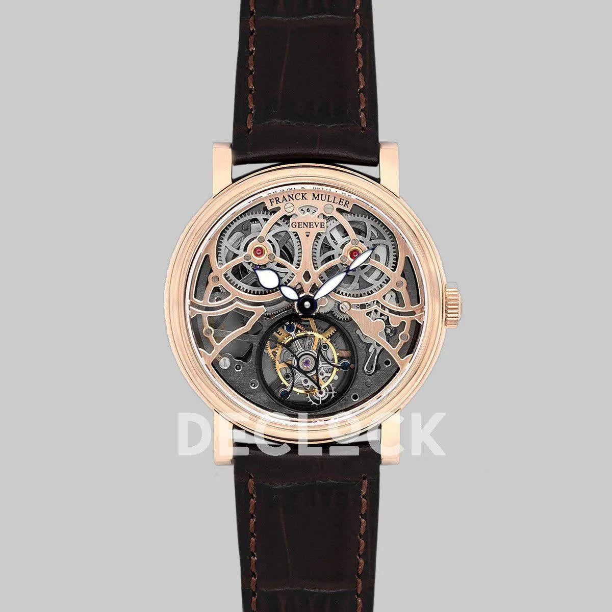 Replica Franck Muller Giga Tourbillon Round Skeleton in Rose Gold on Brown Leather Strap - Replica Watches