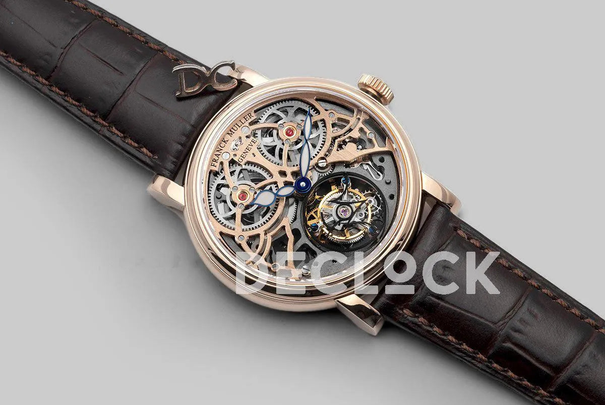 Replica Franck Muller Giga Tourbillon Round Skeleton in Rose Gold on Brown Leather Strap - Replica Watches