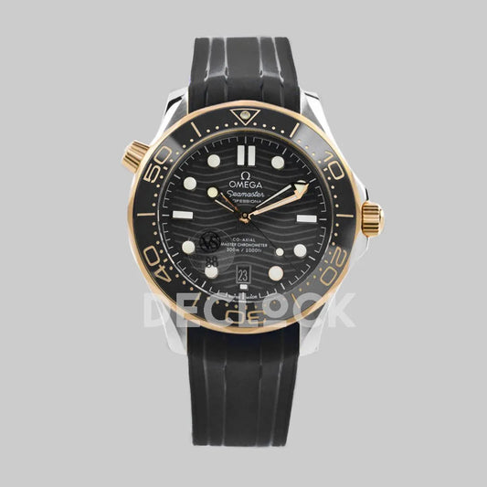 Replica Omega Seamaster Diver 300m Omega Co-Axial Master Chronometer 42mm Black Dial with Black Bezel in Steel/Yellow Gold on Rubber Strap - Replica Watches