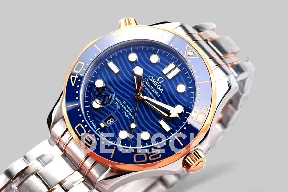 Replica Omega Seamaster Diver 300m Omega Co-Axial Master Chronometer 42mm Blue Dial with Blue Bezel in Steel/Rose Gold - Replica Watches