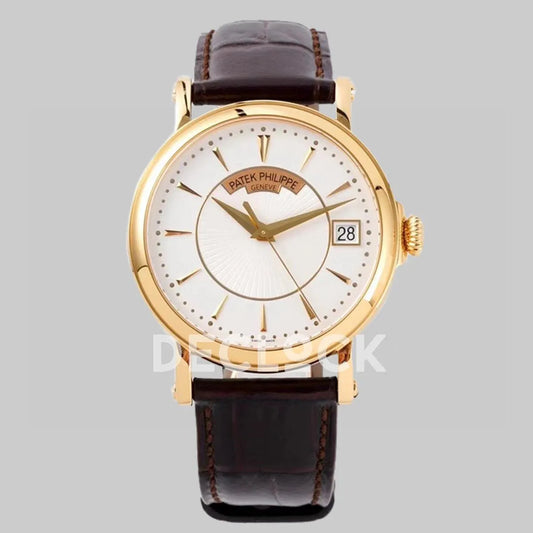 Replica Pattek Philippe Calatrava 5153 Rose Gold White Dial on Brown Leather Strap - Replica Watches