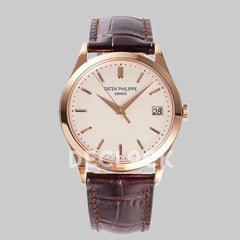 Replica Pattek Philippe Calatrava 5227 Rose Gold White Dial on Brown Leather Strap - Replica Watches