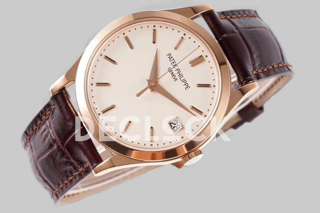 Replica Pattek Philippe Calatrava 5227 Rose Gold White Dial on Brown Leather Strap - Replica Watches