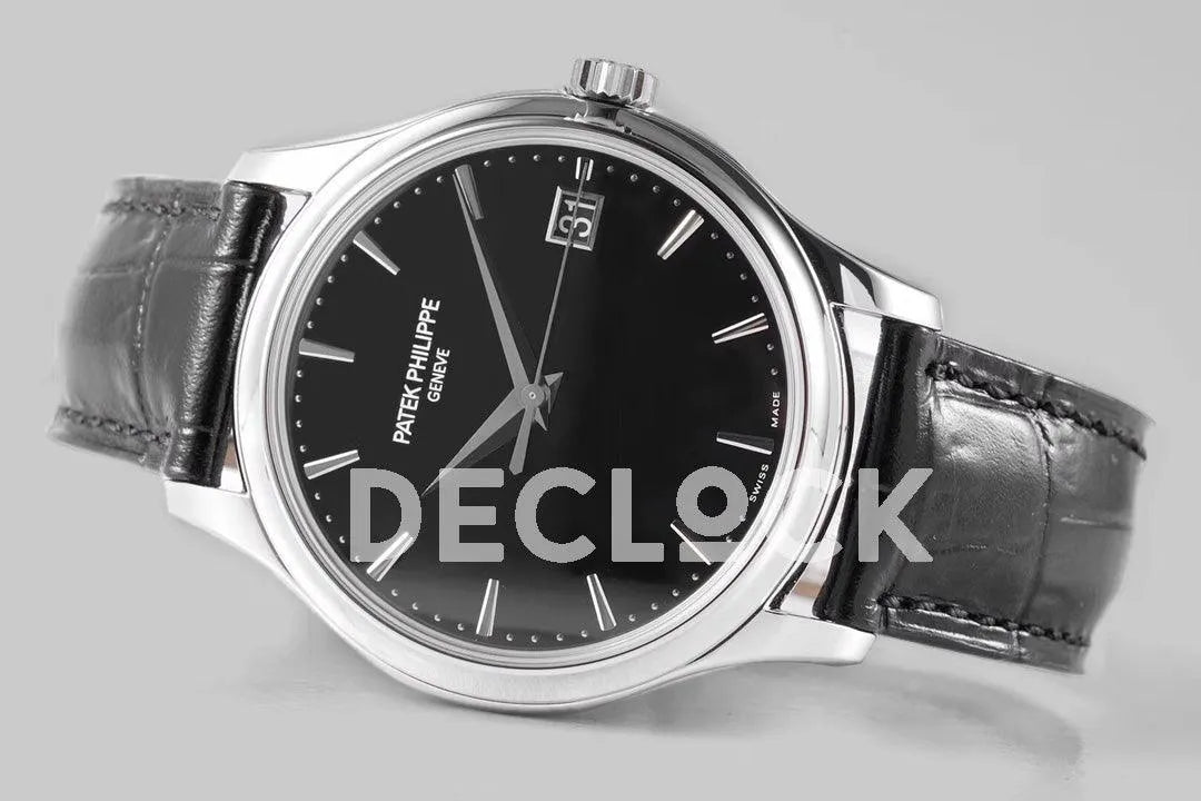 Replica Pattek Philippe Calatrava 5227 Steel Black Dial on Black Leather Strap - Replica Watches