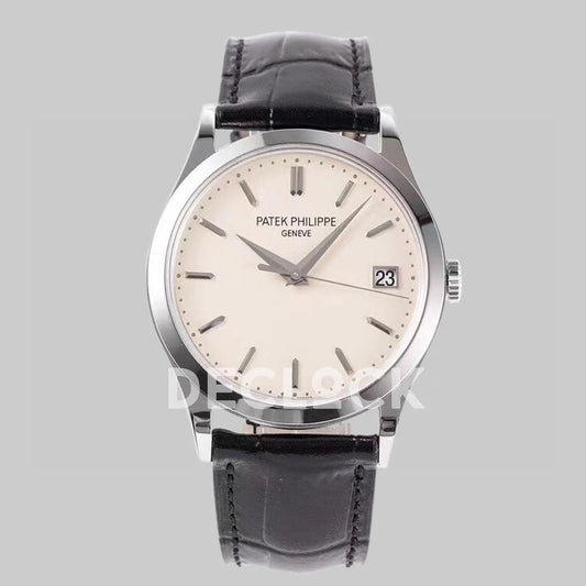 Replica Pattek Philippe Calatrava 5227 Steel White Dial on Black Leather Strap - Replica Watches