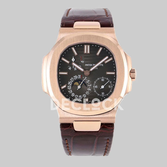 Replica Pattek Philippe Nautilus 5712 Rose Gold Gray Dial on Brown Leather - Replica Watches