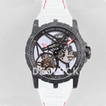 Replica Roger Dubuis Excalibur Carbon Skeleton Flying Tourbillon with White Rubber Strap - Replica Watches