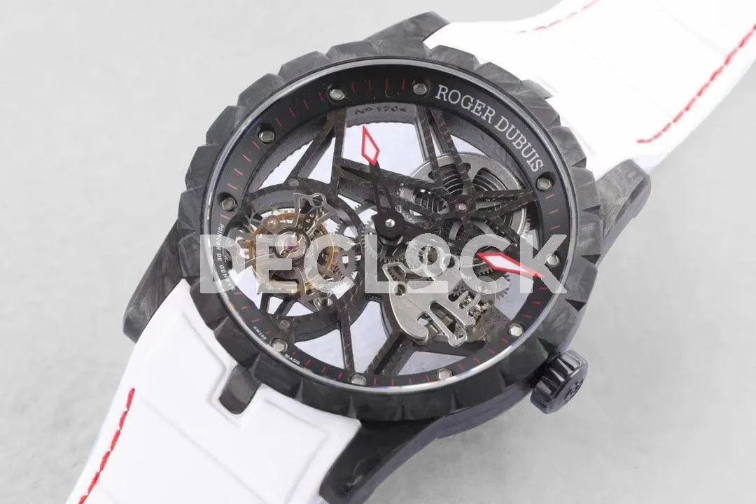 Replica Roger Dubuis Excalibur Carbon Skeleton Flying Tourbillon with White Rubber Strap - Replica Watches