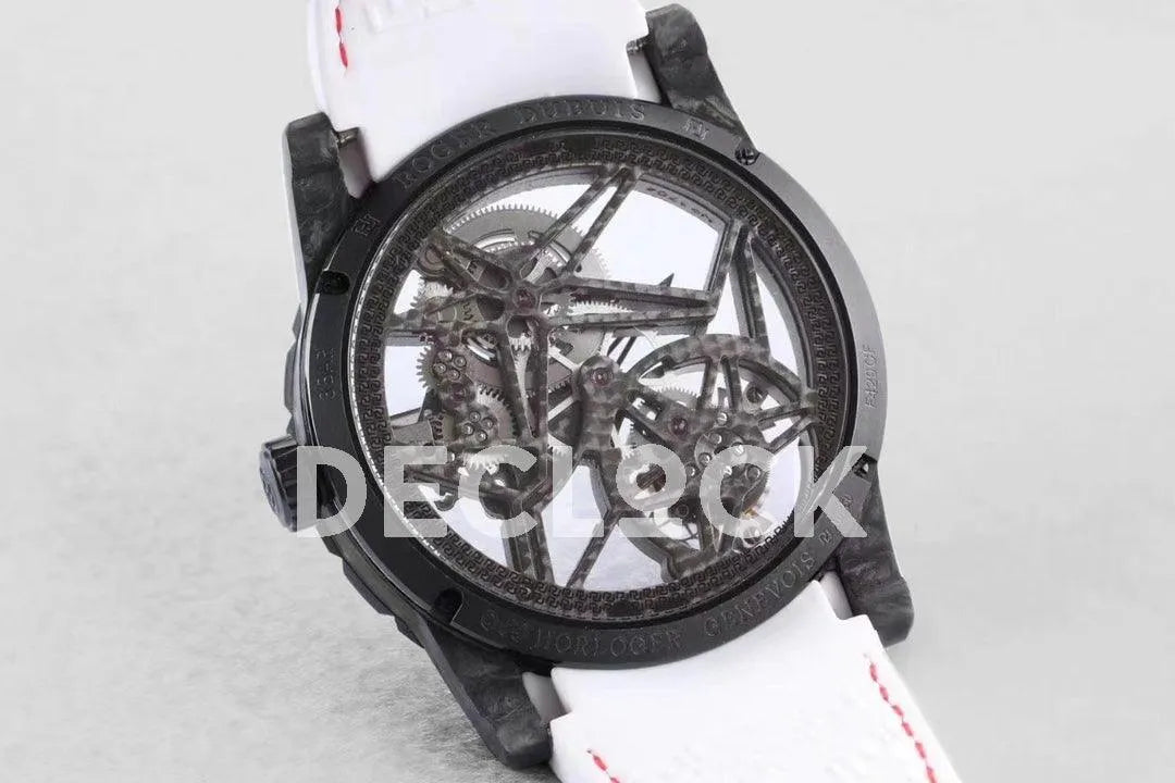 Replica Roger Dubuis Excalibur Carbon Skeleton Flying Tourbillon with White Rubber Strap - Replica Watches