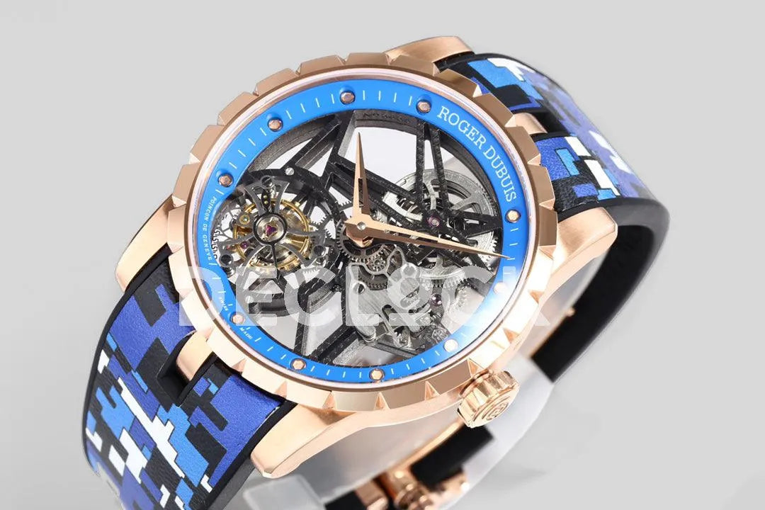 Replica Roger Dubuis Excalibur Spider Skeleton Flying Tourbillon in Rose Gold with Blue/Black Rubber Strap - Replica Watches