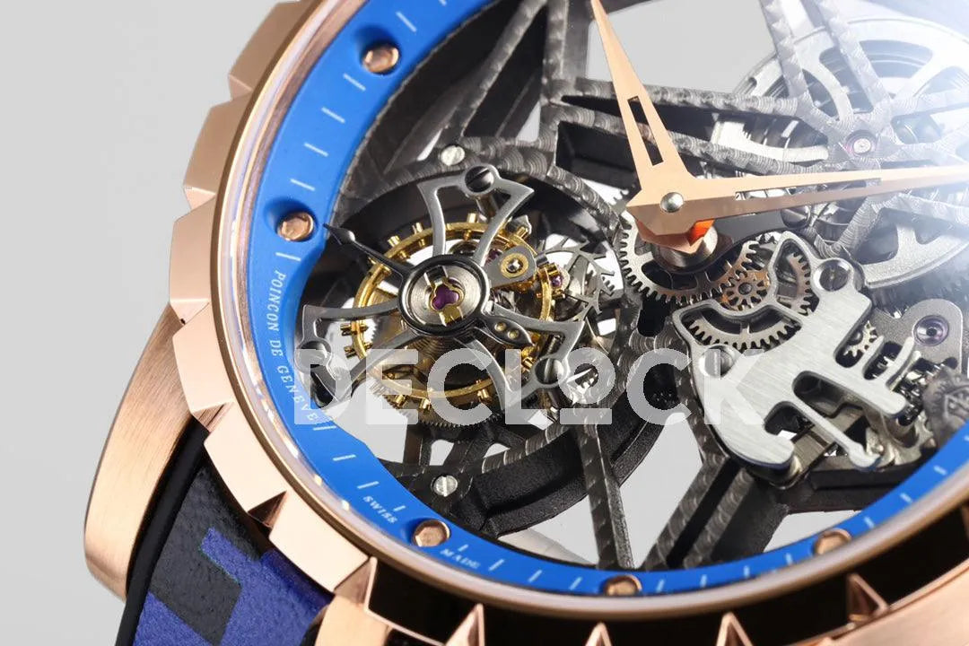 Replica Roger Dubuis Excalibur Spider Skeleton Flying Tourbillon in Rose Gold with Blue/Black Rubber Strap - Replica Watches