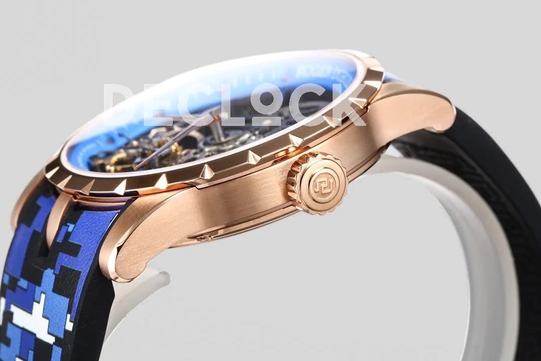 Replica Roger Dubuis Excalibur Spider Skeleton Flying Tourbillon in Rose Gold with Blue/Black Rubber Strap - Replica Watches