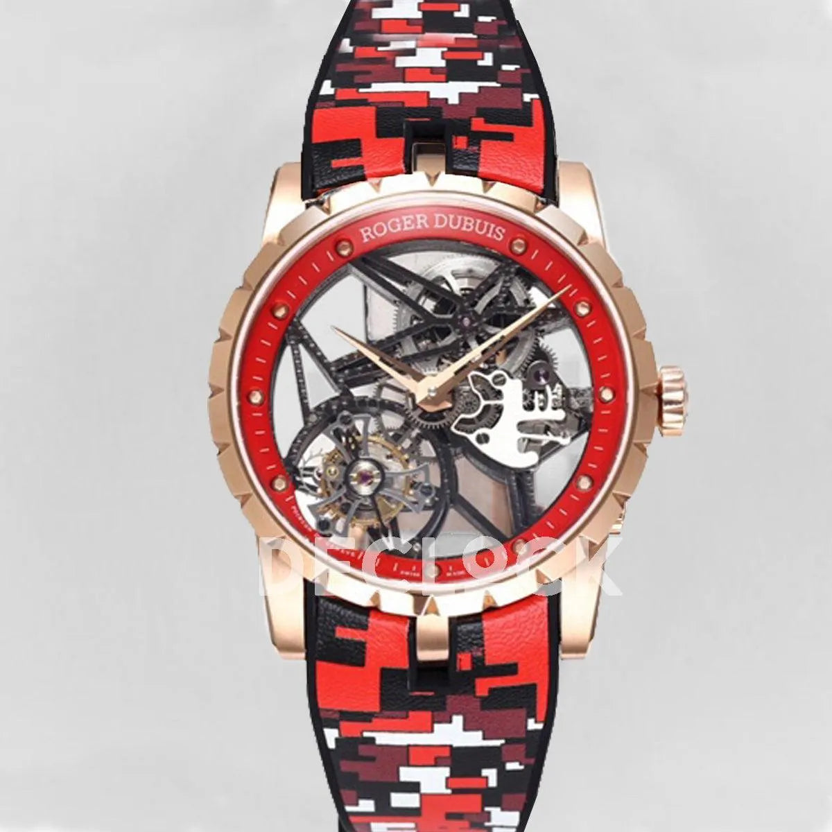 Replica Roger Dubuis Excalibur Spider Skeleton Flying Tourbillon in Rose Gold with Red/Black Rubber Strap - Replica Watches