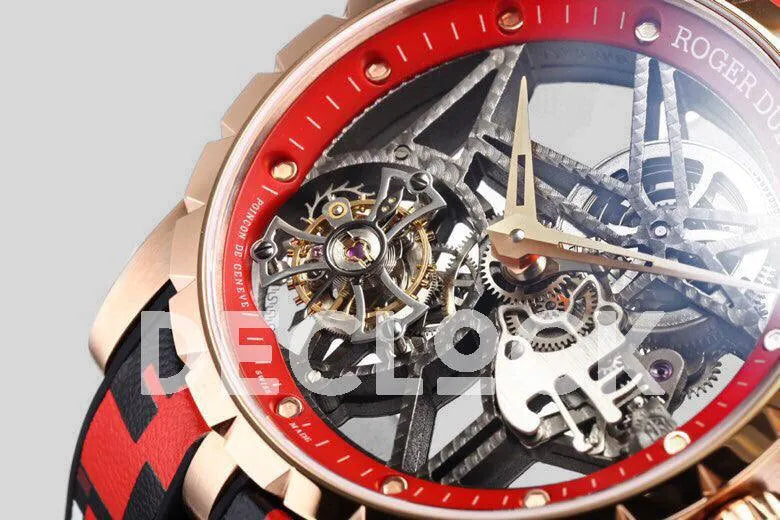 Replica Roger Dubuis Excalibur Spider Skeleton Flying Tourbillon in Rose Gold with Red/Black Rubber Strap - Replica Watches