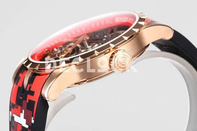 Replica Roger Dubuis Excalibur Spider Skeleton Flying Tourbillon in Rose Gold with Red/Black Rubber Strap - Replica Watches