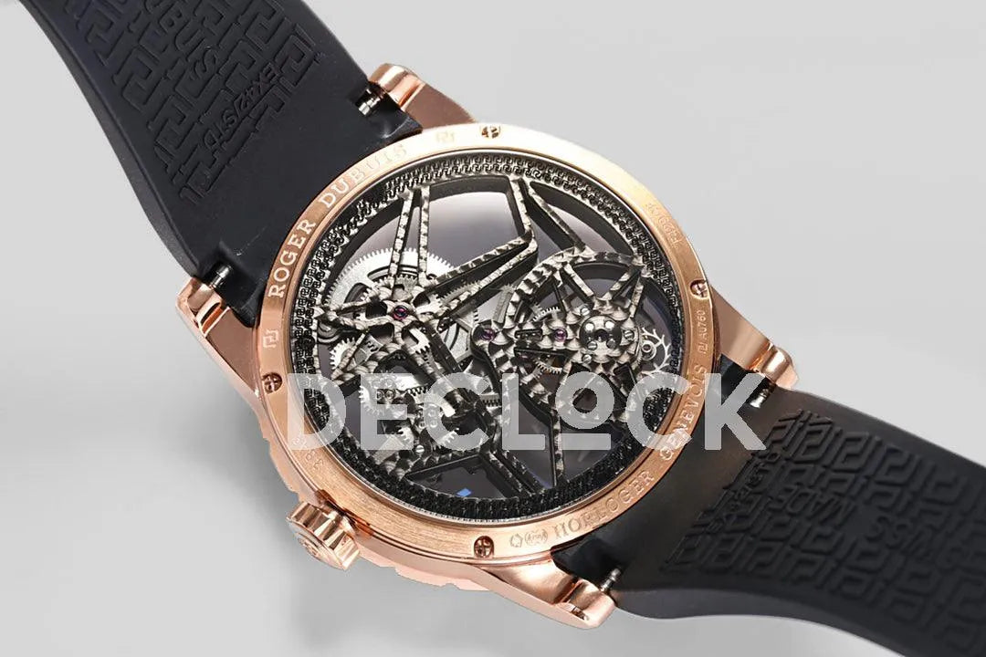 Replica Roger Dubuis Excalibur Spider Skeleton Flying Tourbillon in Rose Gold with Red/Black Rubber Strap - Replica Watches