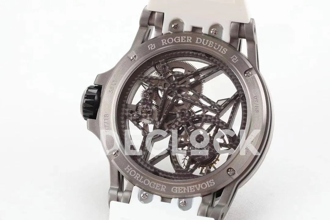 Replica Roger Dubuis Excalibur Spider Skeleton Flying Tourbillon with White Rubber Strap - Replica Watches