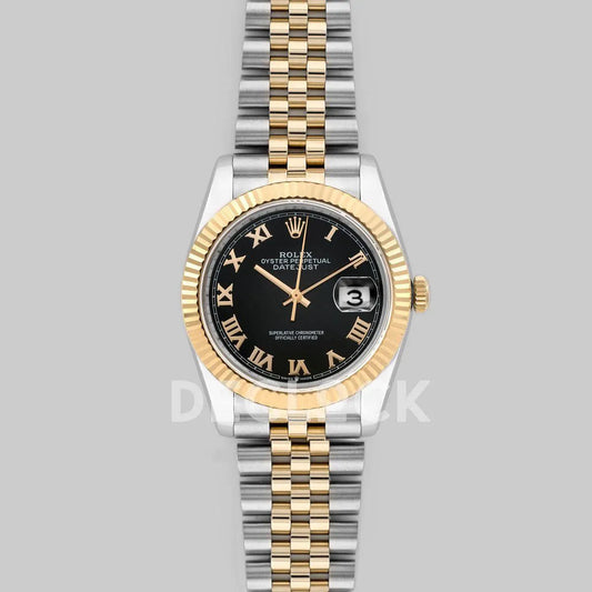 Replica Rolex Datejust 36 126283RBR Black Dial in Yellow Gold and Steel with Roman Numerals Markers - Replica Watches