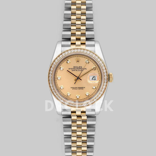 Replica Rolex Datejust 36 126283RBR Champagne Dial in Yellow Gold and Steel with Diamond Set Bezel and Diamond Markers - Replica Watches